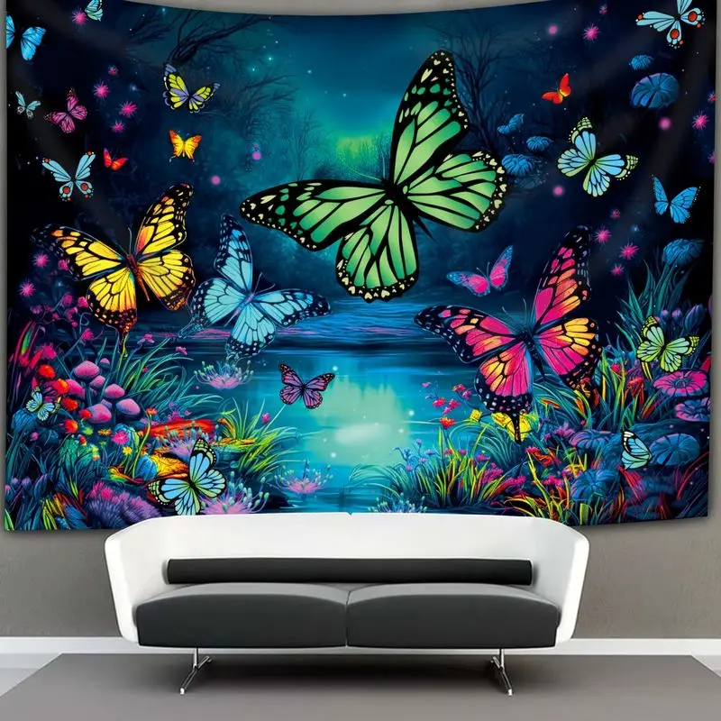 VIKAMA Blacklight Butterfly Tapestry Neon Colorful Enchanted Forest Pond Wall Hanging UV Reactive Magical Room Decor