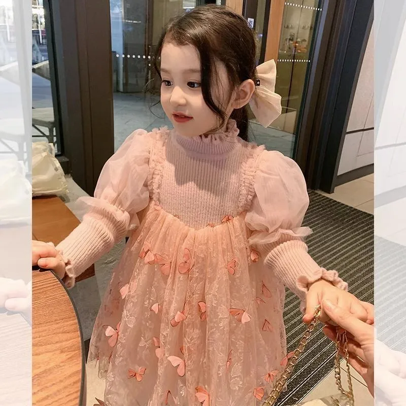 

Girls' Dress New Autumn and Winter Clothes Children's Fashionable Puffy Trendy Mesh Princess Long Sleeve Skirt