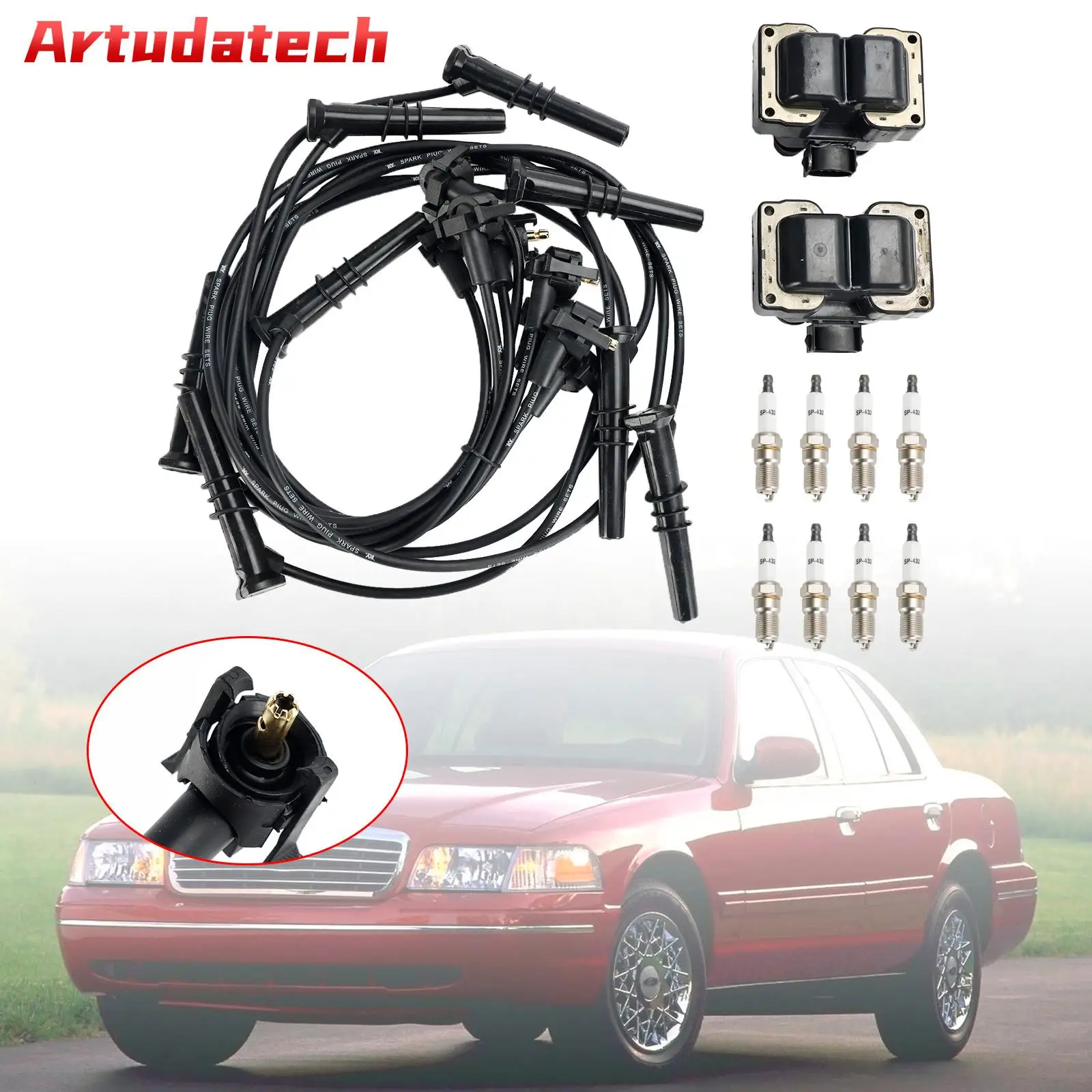 Artudatech 2 Ignition Coil Pack 8 Spark Plugs and Wire Set FD487 SP432 For Ford Expedition