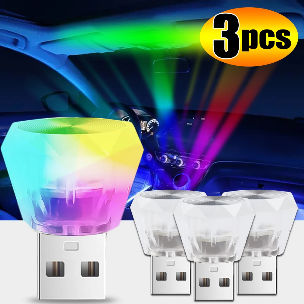 1/3Pcs Mini USB 5V Car LED Ambient Lamp Interior Night Light Home Auto Crystal Colorful Flash Atmosphere Lights Decorative Bulb