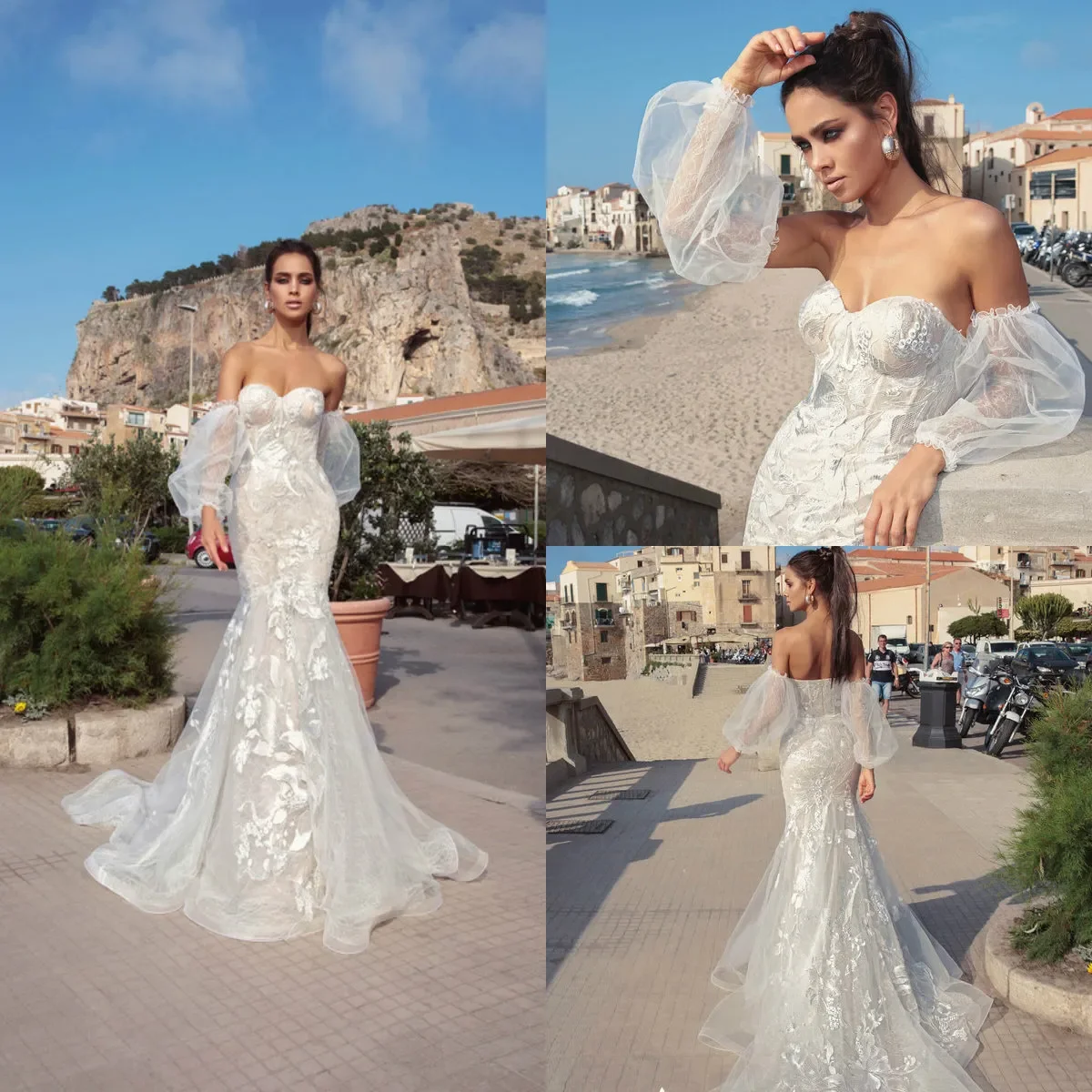 Sexy mermaid wedding dress with detachable sleeves Sweep train Sweetheart applique with lining custom plus size bridal dress