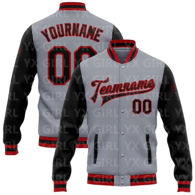 

Custom Gray Black-Red Bomber Full-Snap Varsity Letterman Two Tone Jacket 3D Printed Baseball Button Jacket