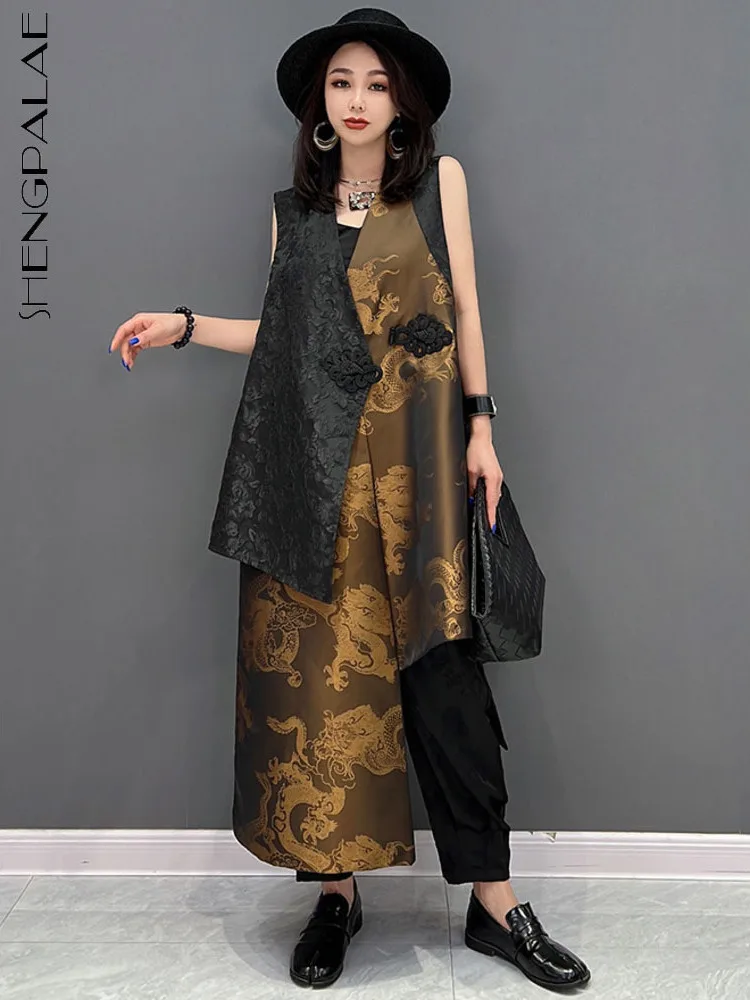 SHENGPALAE V-neck Long Vest Sleeveless Coat Loose Chinese Style Mid-length Printing Irregular Jacket Women 2024 Spring New 5R585