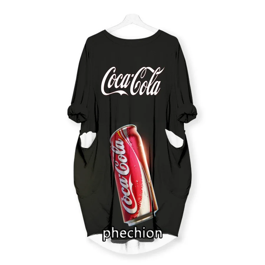 phechion Coke 3D Print Fashion Dresses Casual Mid-length Dress Women Clothing Pocket Long Sleeve Tops W28