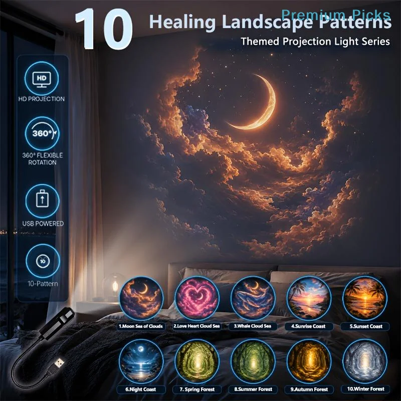 portableUSB Healing Ambient Projector Light 10 Landscape Patterns Projection Lamp for Bedroom Home Theater Decor