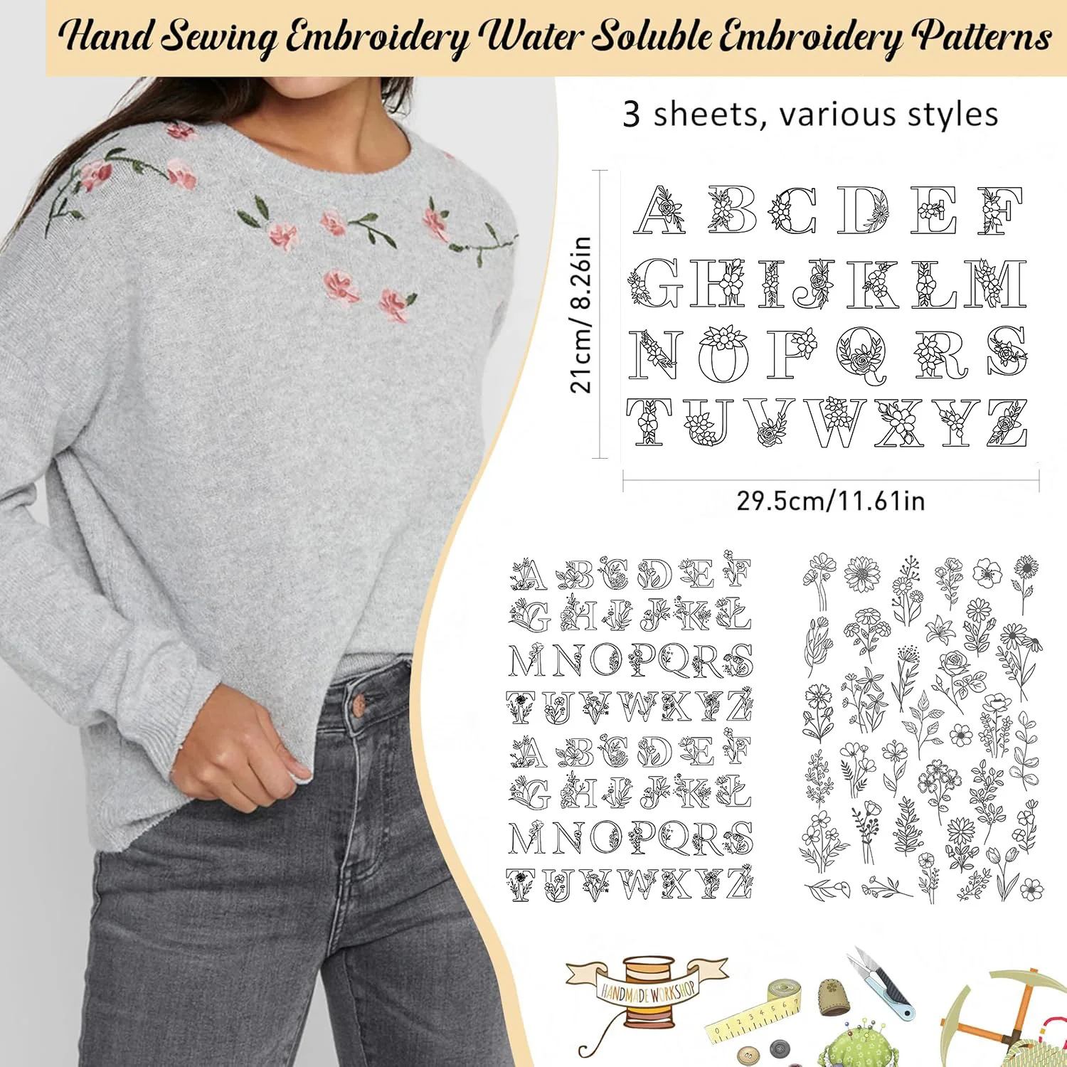 Water Soluble Embroidery Stabilizers, Stick and Stitch Embroidery Paper with Pre-Printed Flowers and Leaves Pattern Transfers