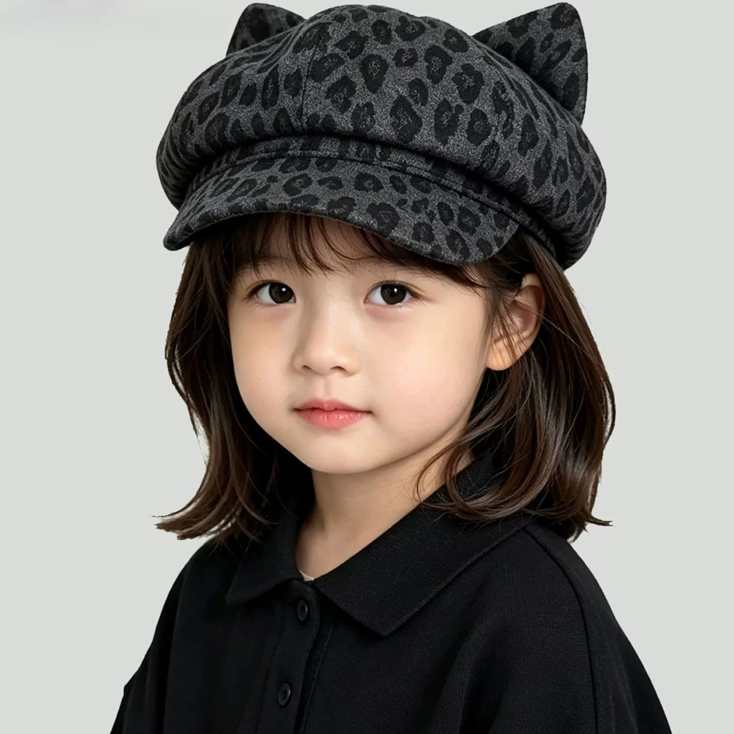 Kinder Retro Leopardenmuster Baskenmütze Niedliche Ohren Achteckiger Kürbis-Hut Stilvolle Ganzjahres-Malermütze für Jungen und Mädchen für den Alltag – Detail 2