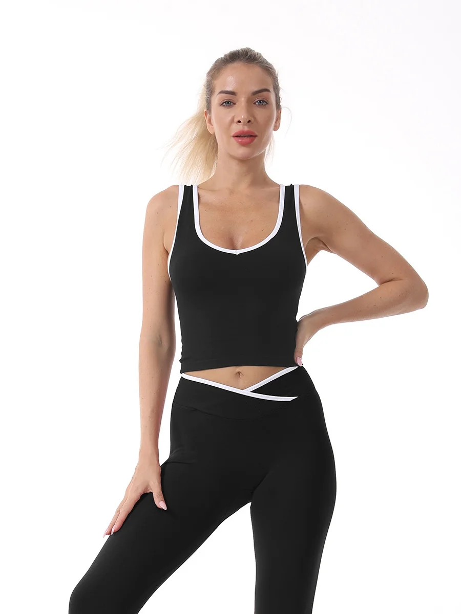 Gilet yoga a vita incrociata color block, top sportivo da donna con protezioni per il petto