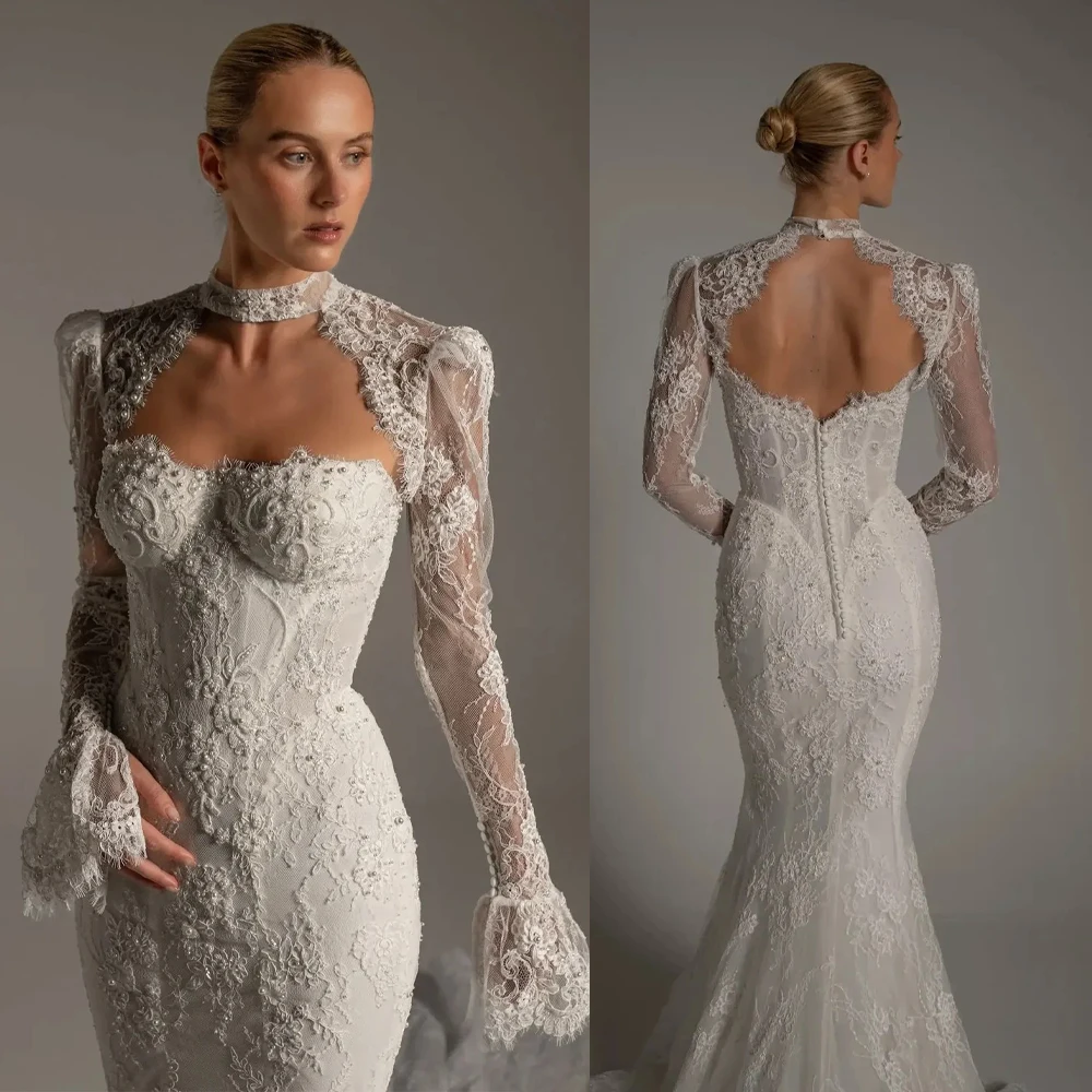 Luxury White Lace Bridal Bolero with High Neck Choker and Bell Sleeves Autumn Wedding Cape Jacket Customized J26746