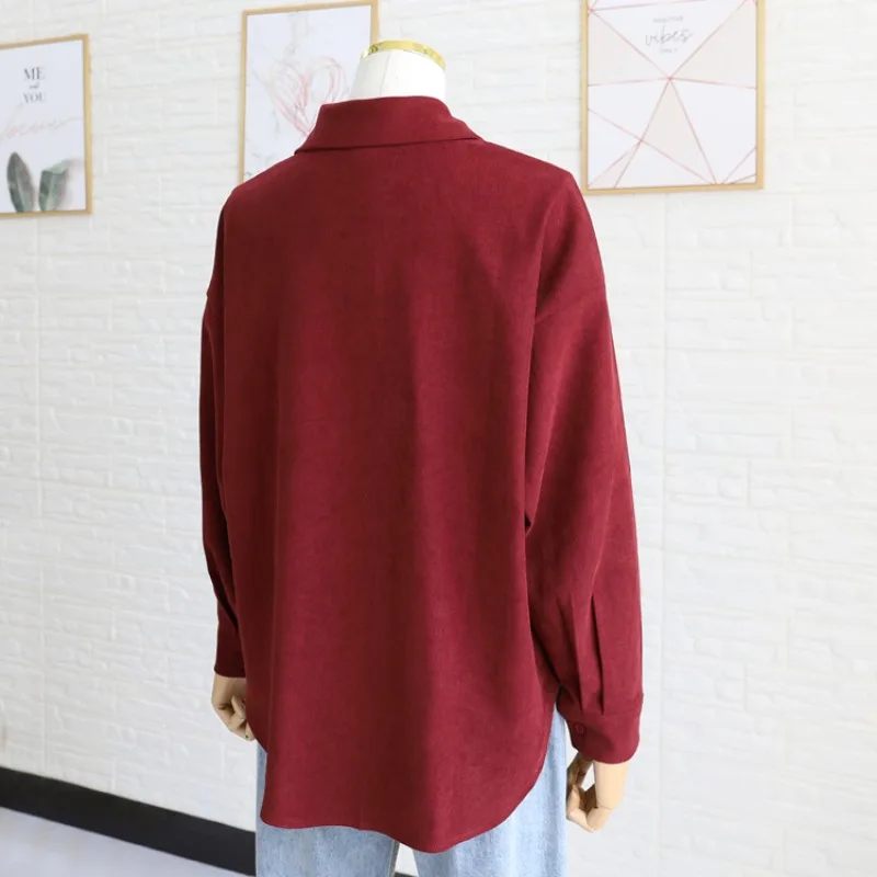 Corduroy Shirts Women Long Sleeve Burgundy Autumn Winter Vintage Basic Tops All-match Female Graceful Charming Chic Mature Mujer