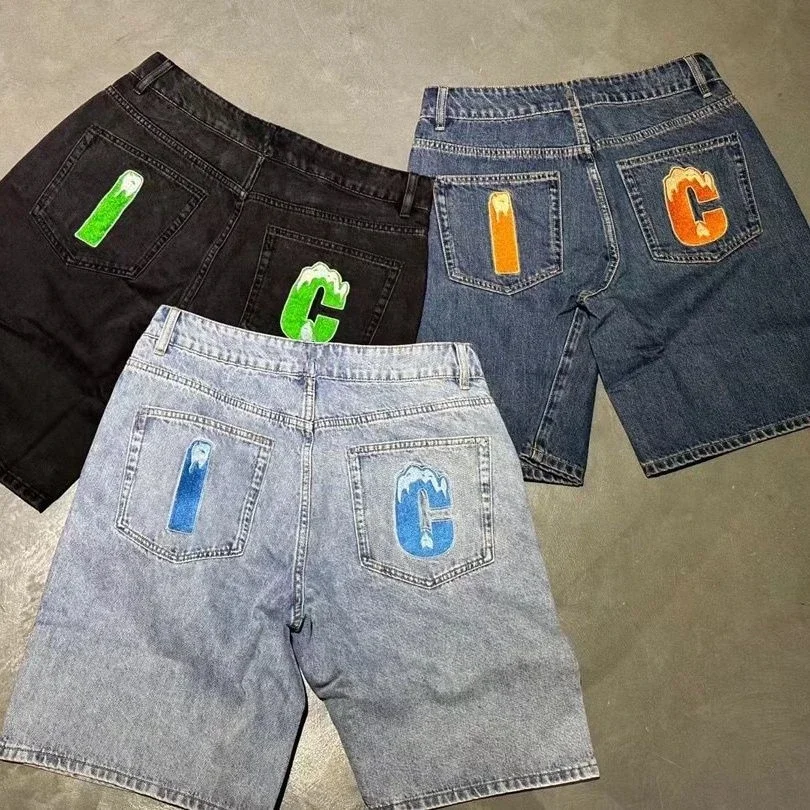 Shorts jeans personalizados na moda americana, calças 3/4, cachorro estampado, esportes de verão, streetwear da moda, 2024