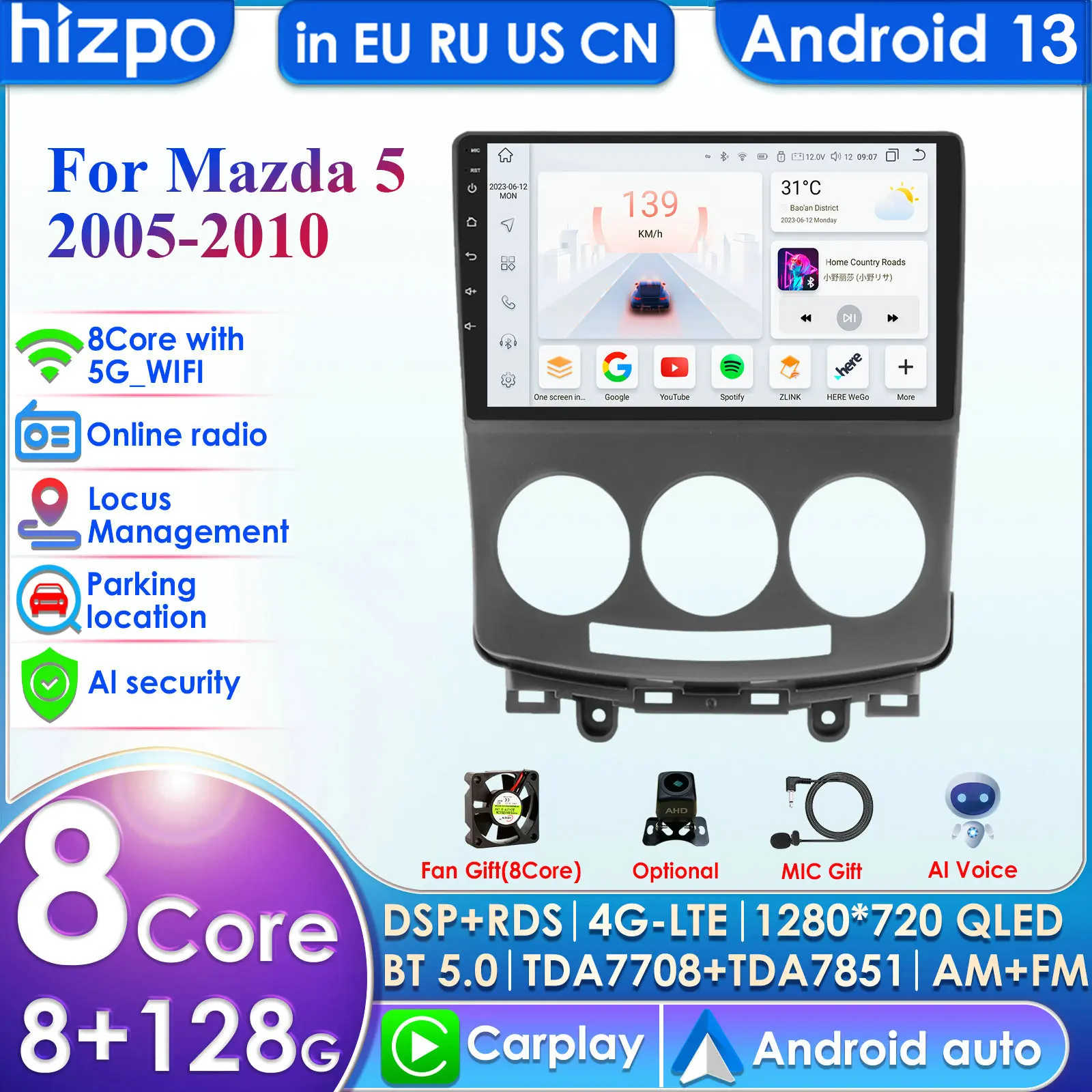 Hizpo 4G 9'' AI Intelligent System Wireless CarPlay Android Auto Radio for Mazda 5 2005 - 2010 Car Multimedia GPS 2din Autoradio