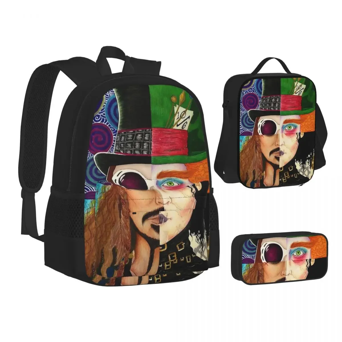 Johnny Depp Character Collage Backpacks Bookbag Children School Bags Cartoon Kids Rucksack Lunch Bag Pen Bag Three-Piece Set