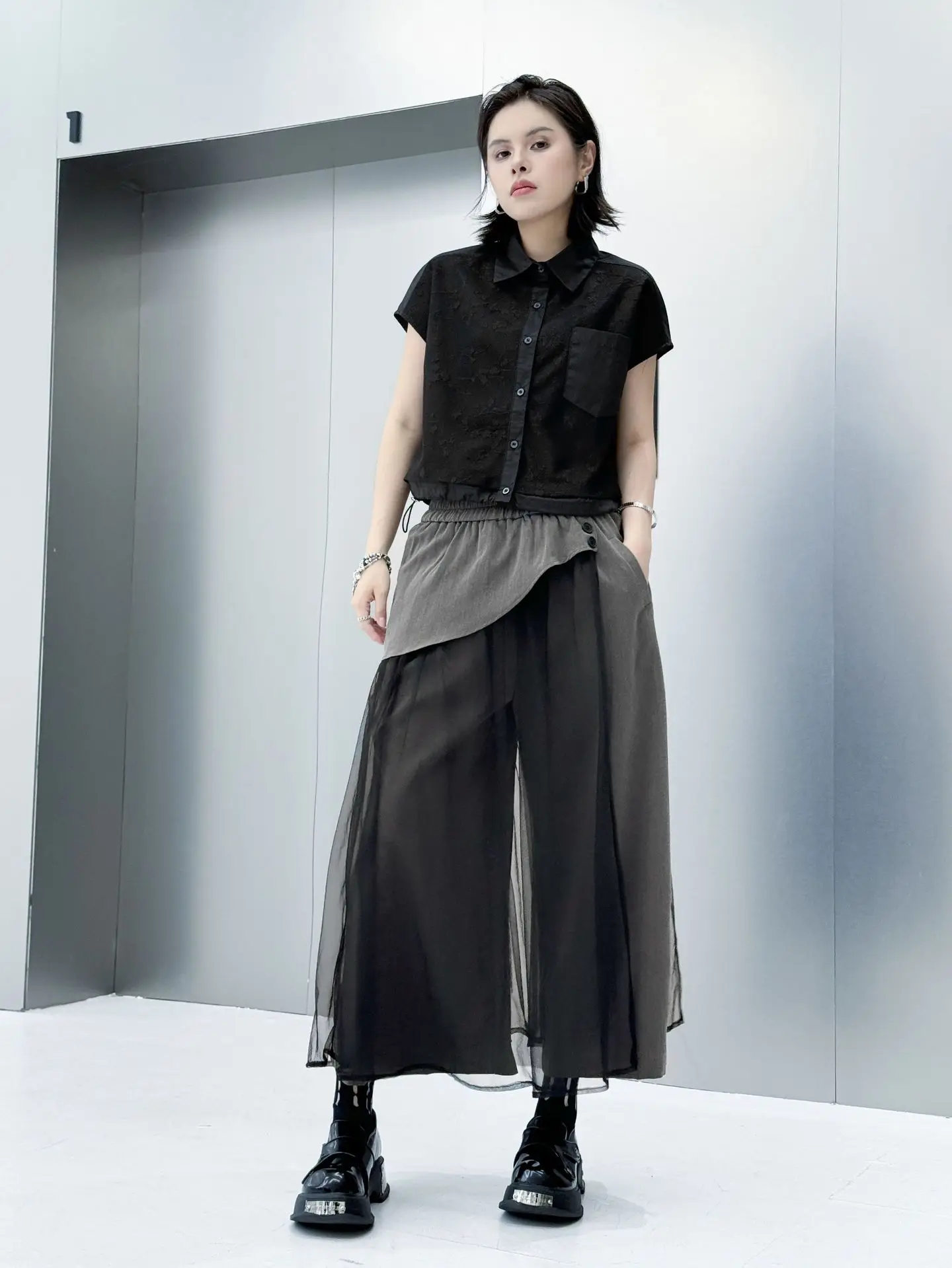 Personality Mesh Patchwork Design High Waist Wide Leg Pants Summer Woman Y2K Clothes Harajuku High Street Pants Pantalones