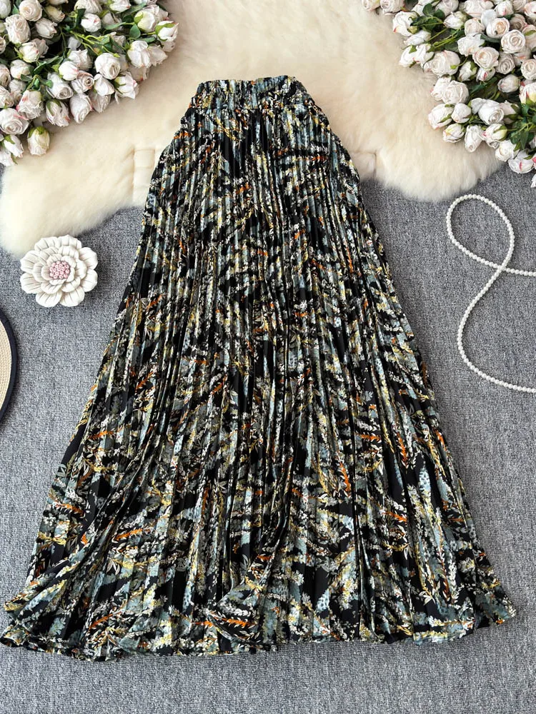 Spódnica midi plisowana, wyszczuplająca, w stylu retro, z wysokim stanem, wzór kwiatowy, odzież damska, wiosna 2025.