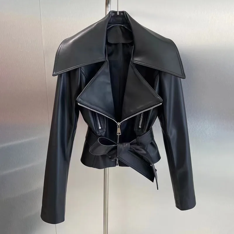 Chaqueta de cuero Real con cremallera y cinturón para mujer, abrigo de cuello vuelto para motocicleta, ropa de calle de moda para mujer