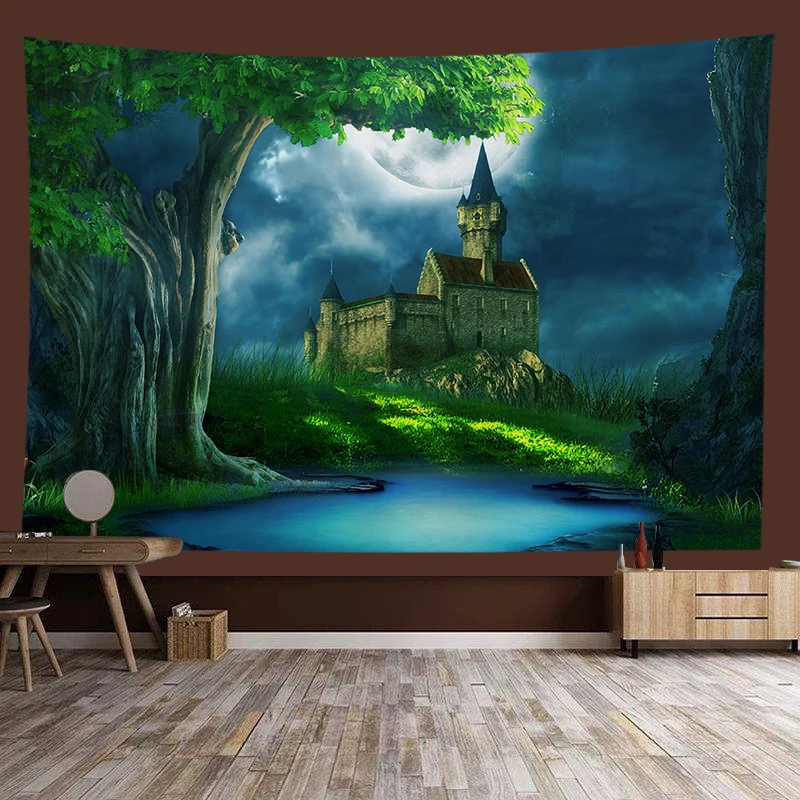 Magic forest fantasy castle abstract art background tapestry furniture decoration wall covering