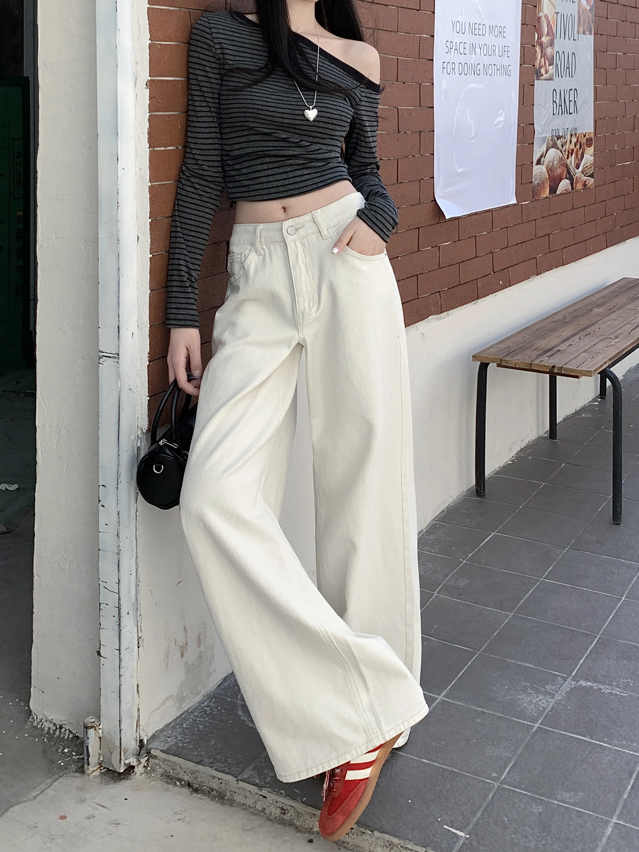 

Korean style Beige High Waist Wide Leg Floor-Length Jeans, Women's Stylish Elegant Bottoms