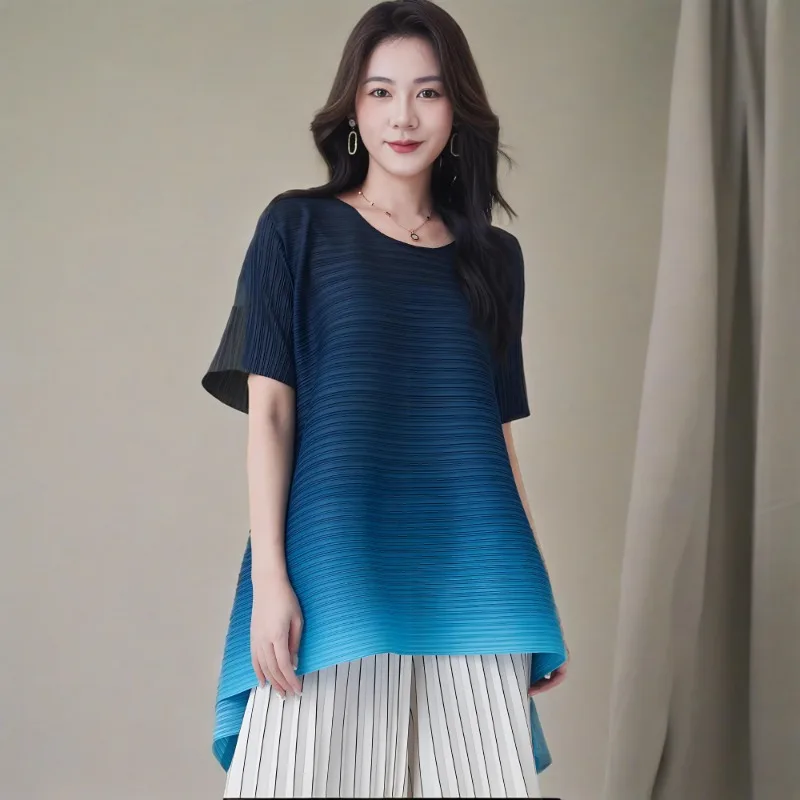 

Miyake Pleated Gradient Printed T-Shirt 2025 Irregular Design Stretch Pleated Waistband Slim Fashion Loose Gradient Pleated Top