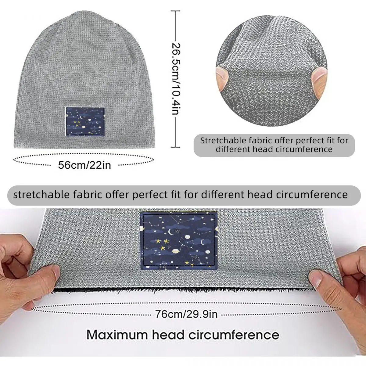 Galaxy Cosmos Moon Stars Astronomy Cartoon Universe Waffle Knit Fleece Lined Beanie with PU Leather Patch Warm Winter Soft Cap