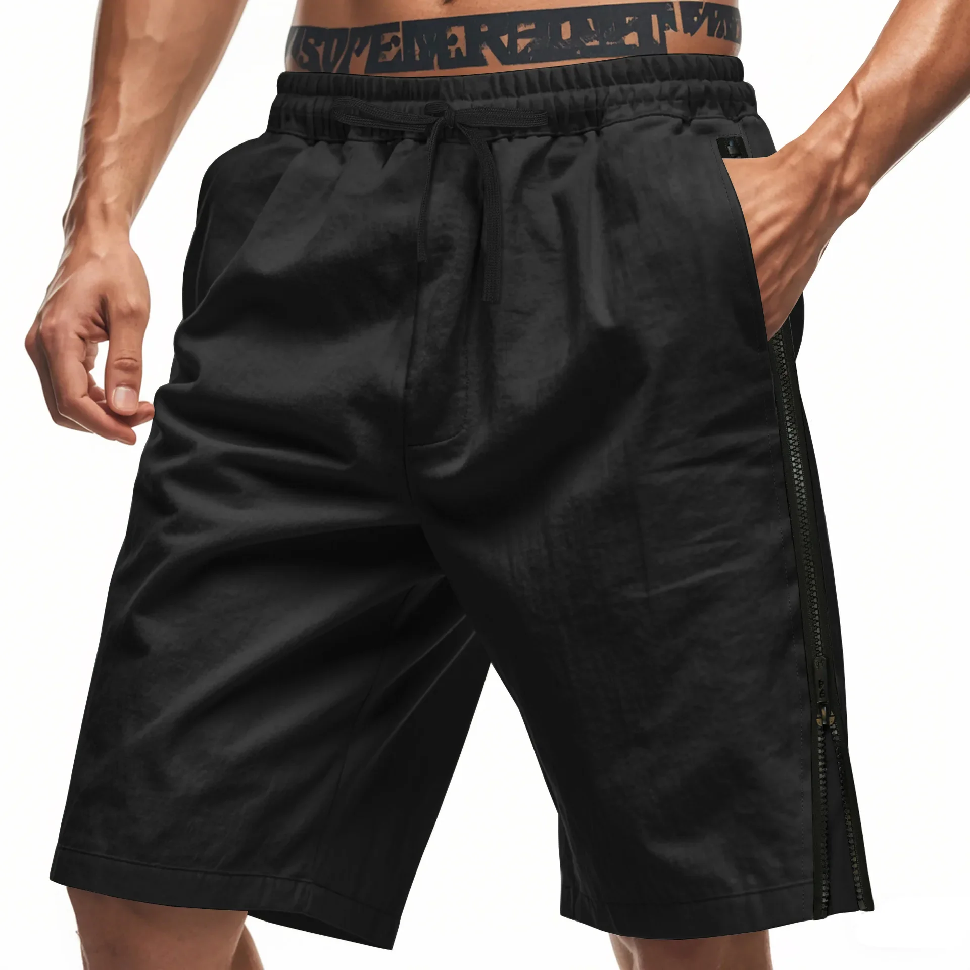 LIBIELIY New Fashion Men's Hip-hop Loose Straight Sports Casual Trendy Knee Length Shorts Side-zipper Beach Sports Shorts Male C