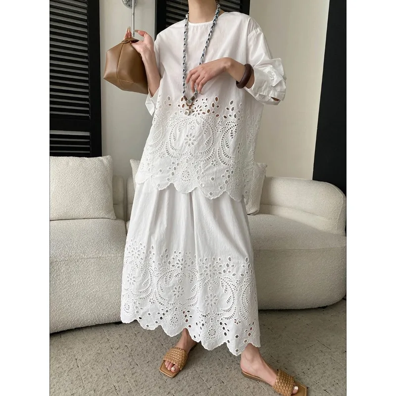 

French Holiday French-style Hollow Embroidery Shirt Skirt Women White Eyelet Casual Loose Long Sleeve Top Pants Summer 9Q00