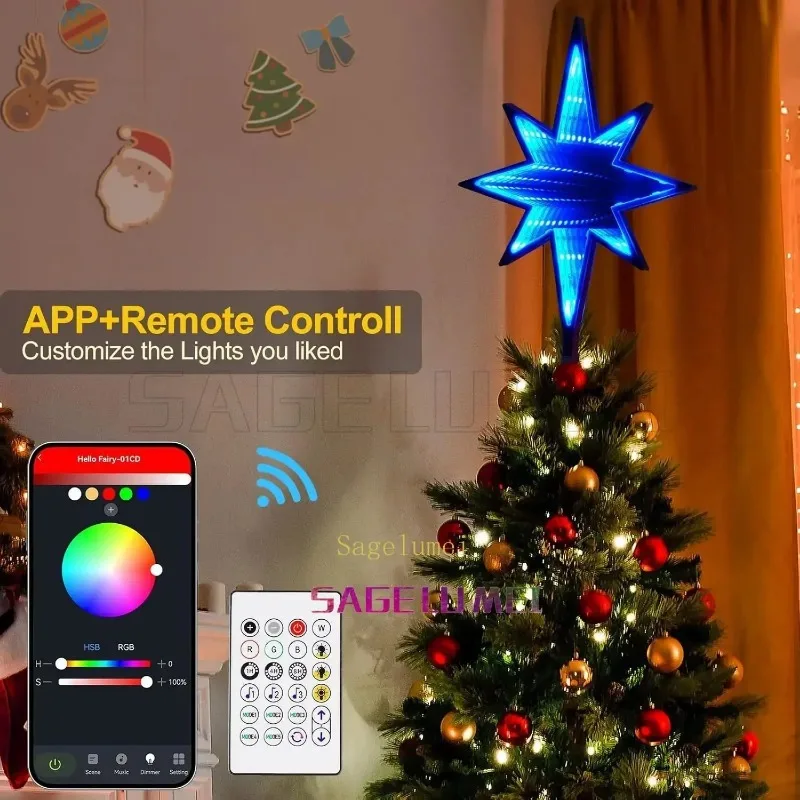 5V RGB Color Christmas Tree Decor Light Smart App Remote USB Music Sync Voice DIY Abyssal Mirror Xmas Topper Holiday Party Decor