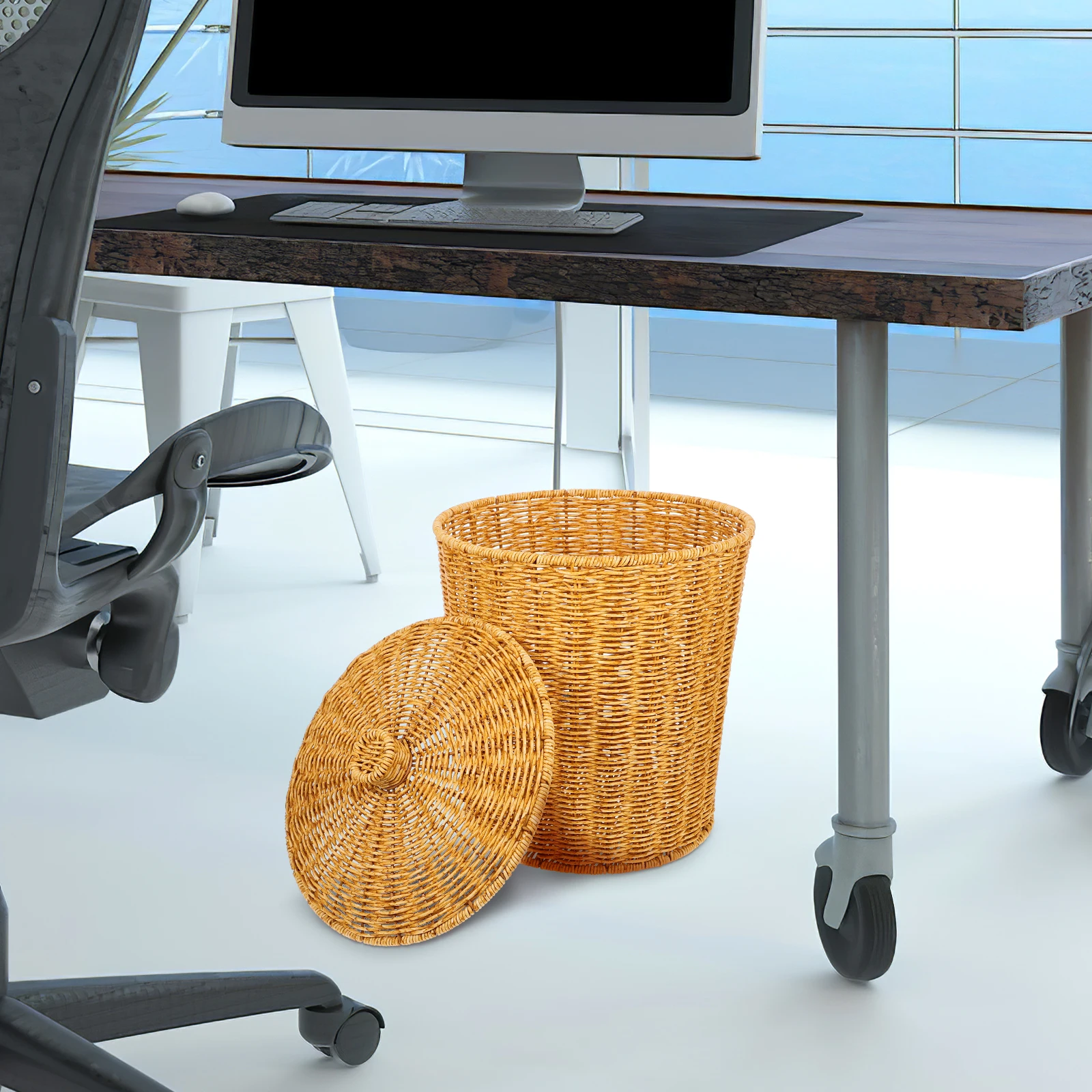 

Rustic Waste Bin Pp Woven Basket Trash Can For Home Storage Organizer Multi-Function Sundries Holder Plastic Container