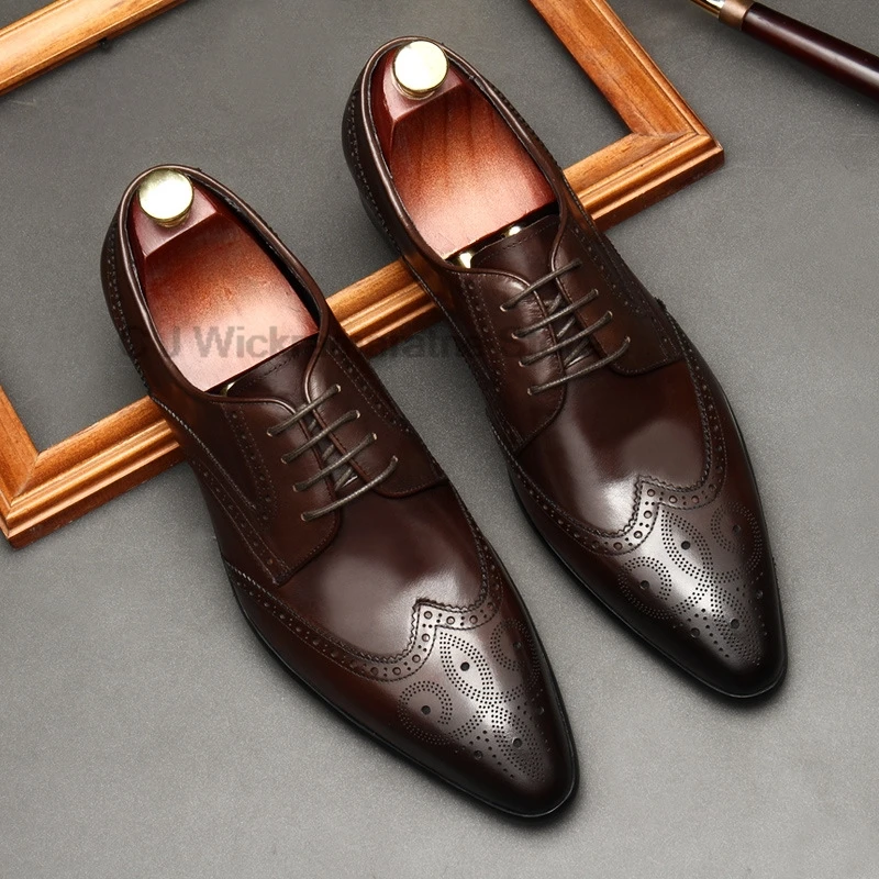 HKDQ Italian Mens Dress Shoes Black Brown Genuine Leather Pointed Toe For Wedding Brogues Luxury Business Formal Men Oxford Shoe