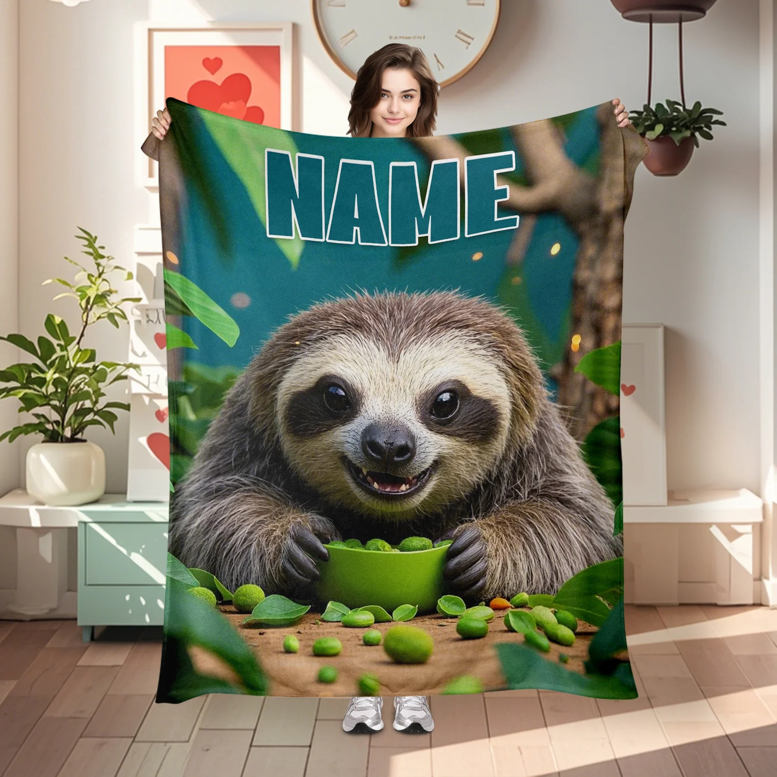 

Custom Sloth Flannel Blanket With Personalized Text, Soft And Warm For Family And Friends Gatherings