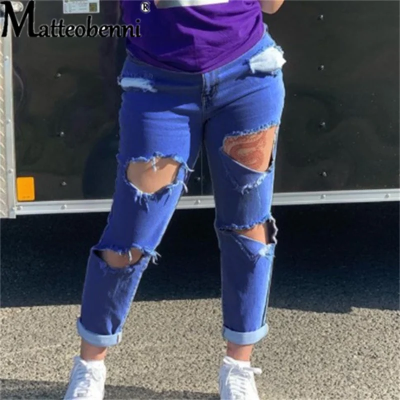 New Street Casual High Waist Jeans Women Fashion Broken Holes Stretch Pocket Pencil Pants Female Daily Trend Denim Long Trousers