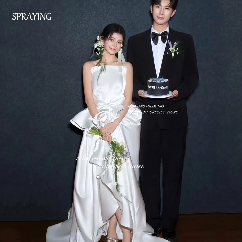 

SPRAYING Elegant Strapless Satin Korea Wedding Photo Shoot Dresses Ivory A line Tiered Long Corset Bridal Gowns 웨딩드레스 Customized