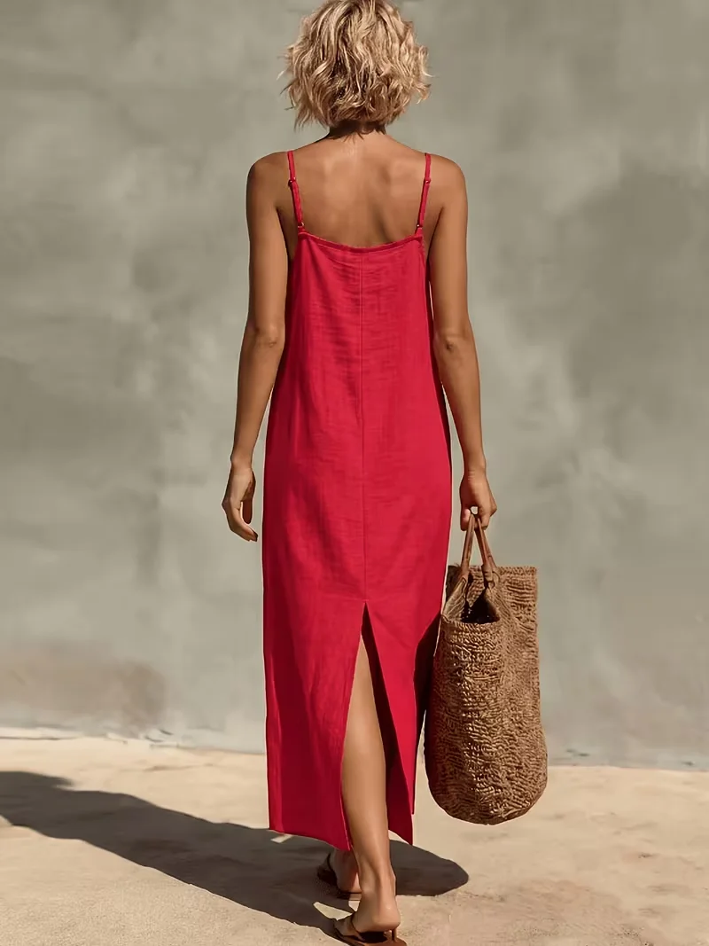 Women's New Summer French Linen Slip Dress, Vintage Red Square Neck Loose Straight Maxi Dress, Selected Linen Fabric, Moisture-w