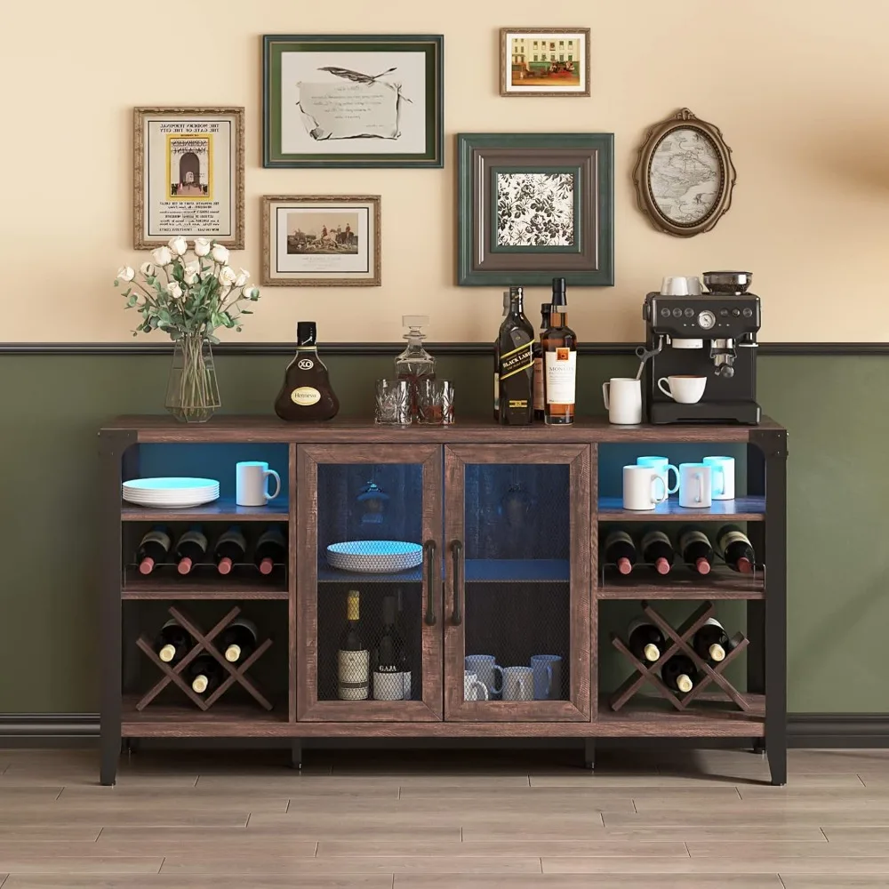 58" Wine Bar Cabinet with Wine Rack Storage,Alcohol Cabinet with LED Strip, Farmhouse Coffee Bar Cabinet,Liquor Cabinet Bar