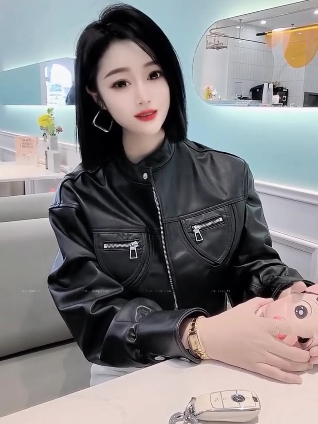 

Women's Loose Motorcycle Jaet 2025 Spring New Faion Retro Matte eepskin Coat Long Sve Zipper Closure Stand Collar