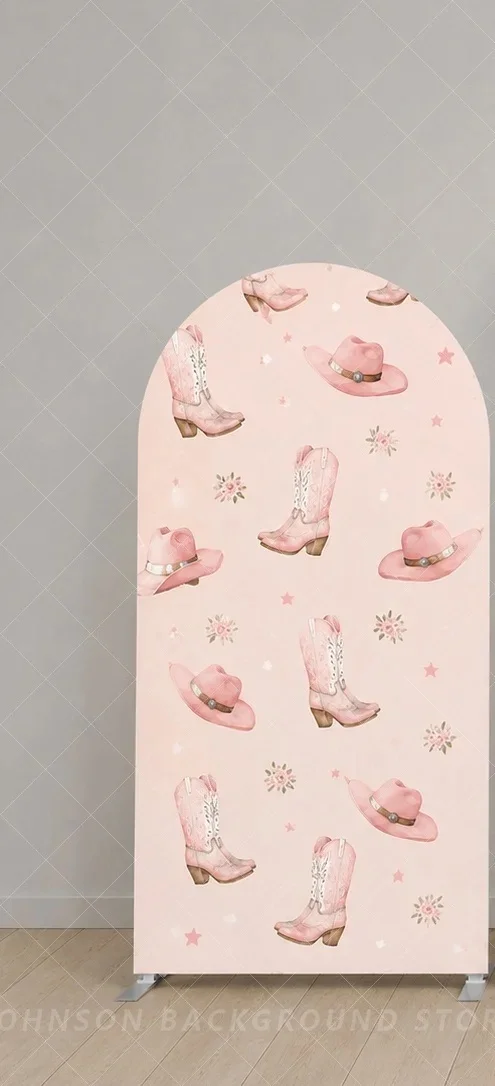 Custom Pink Cowgirl First Rodeo Birthday Arch Backdrop Cover Western Cowboy Boots Cactus Floral flower Three Panel Background
