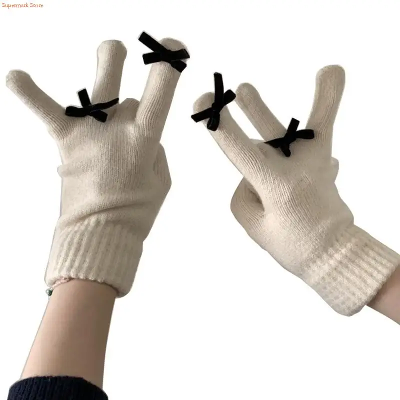 Q5WE Winter Glove with Small Bowknot Decor Adult Knit Warm Glove for Outdoor Cycling