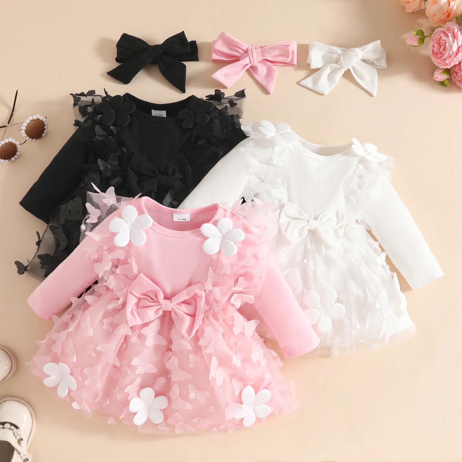 

0-18 Months Baby Girl Skirt Knit Solid Color Long Sleeve Butterfly Mesh Patchwork Dress with Hairband Newborn Girl Baby Clothes