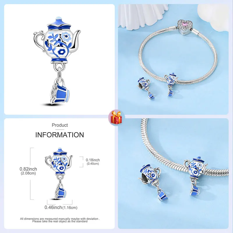 Travel Hobbies Beads 925 Sterling Silver Blue Celadon Teapot & Teacup bracelet charms for Women's Jewelry DIY Pulseras Gift