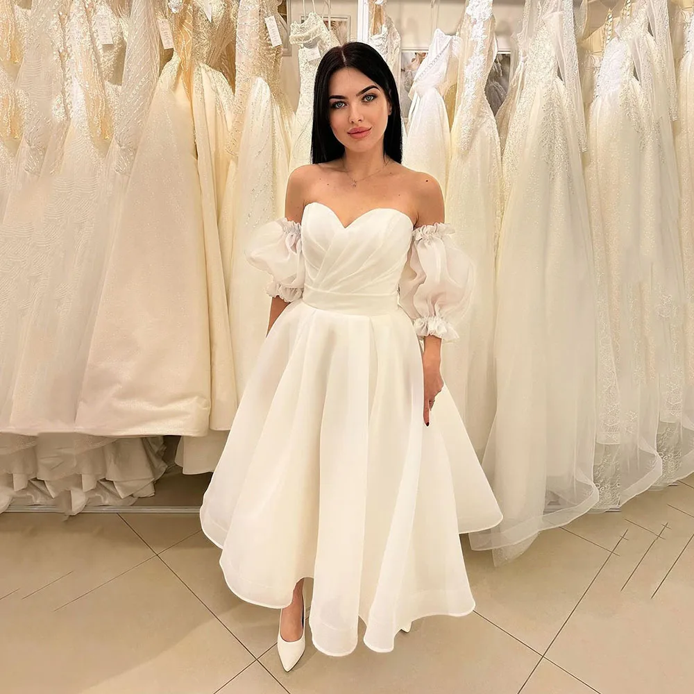 Msikoods Elegant Ivory Wedding Dress Short 2024 Sweetheart Short Sleeves A Line Bridal Gown Brides Reception Wedding Party Dress