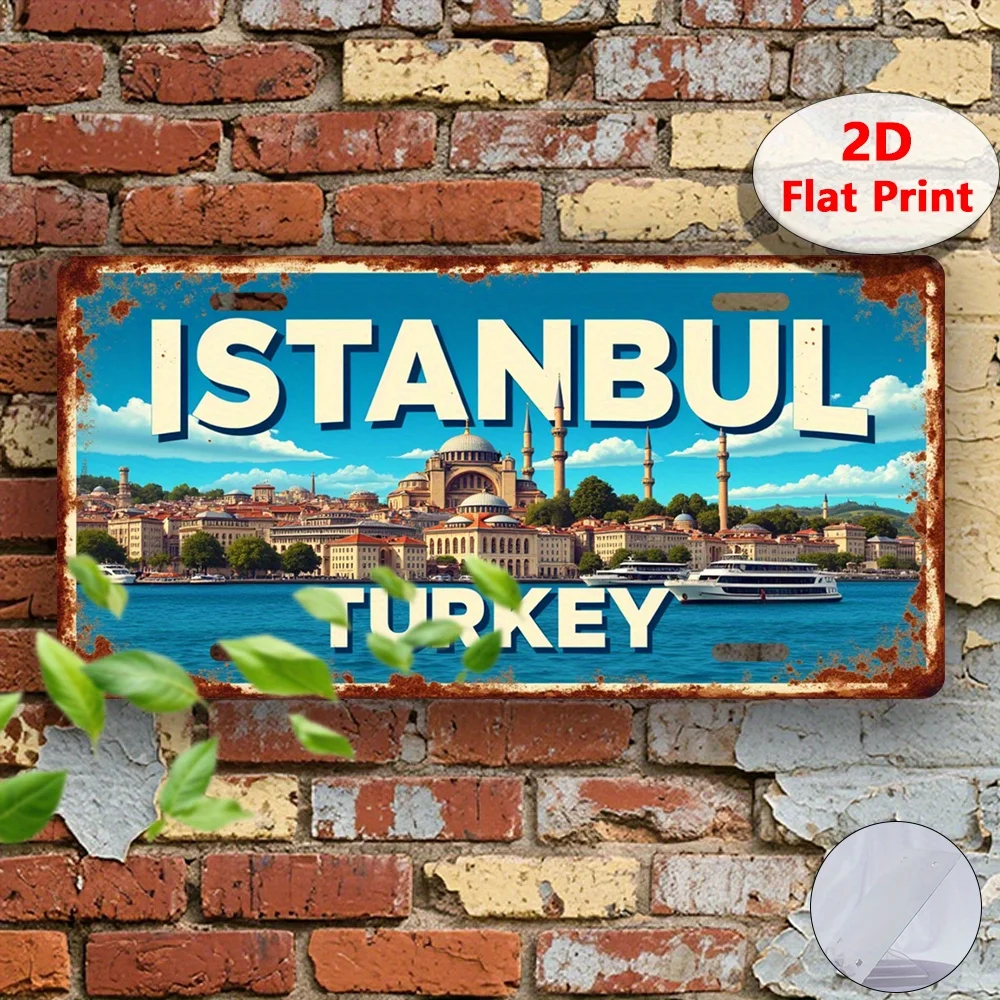 Plaque murale en métal vintage 2D plate, 1 pièce, Istanbul Turquie, bleu rétro et skyline, plaque d'immatriculation turque pour la maison, le café, le garage
