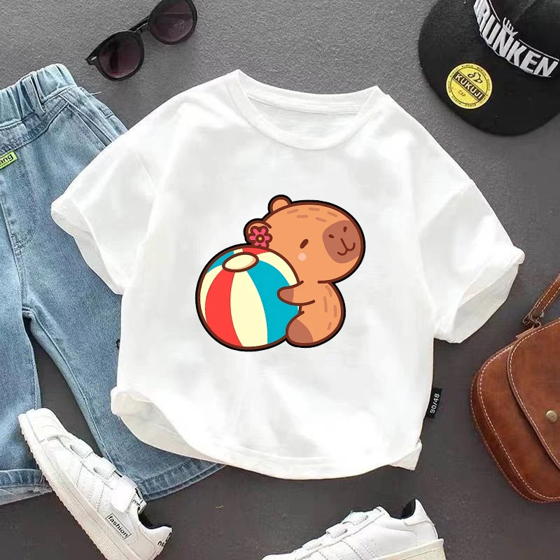

Capybara Child Short Sleeve T-shirt Cartoon Capibara Print Cotton Tees Boys Girls Anime Summer Casual Tops Kids Birthday Gifts