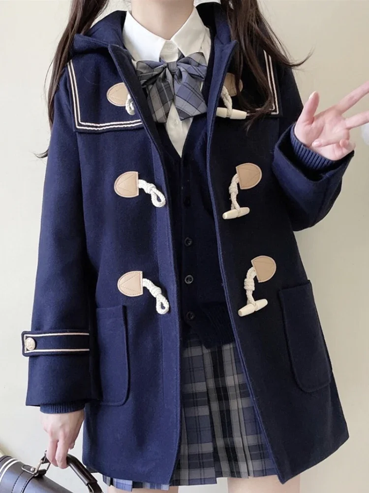 

JK Style Girls Warm Wool Blends Straight Women Long Hooded Coat Jacket 2023 Winter Belt Button Female Warmness Preppy Outwear