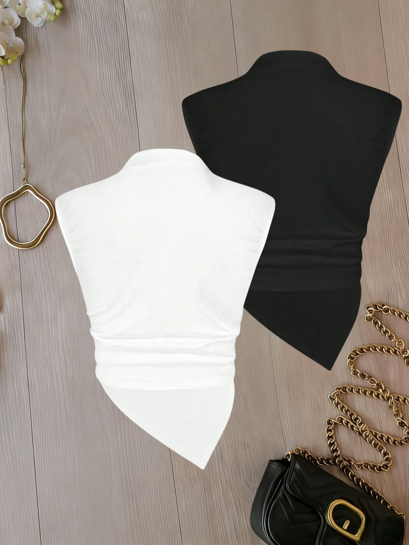 Women Mock Neck Sleeveless Ruched Asymmetrical Hem Crop Top 2 Pack Solid Color Cami Top Set