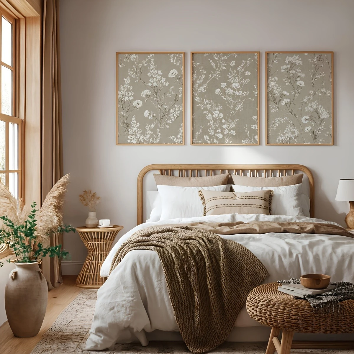 3pcs frameless Canvas Painting Set of 3 Plant-Themed Wall Decorations in Neutral Beige Prints Featuring Soft Tones and Vintage B