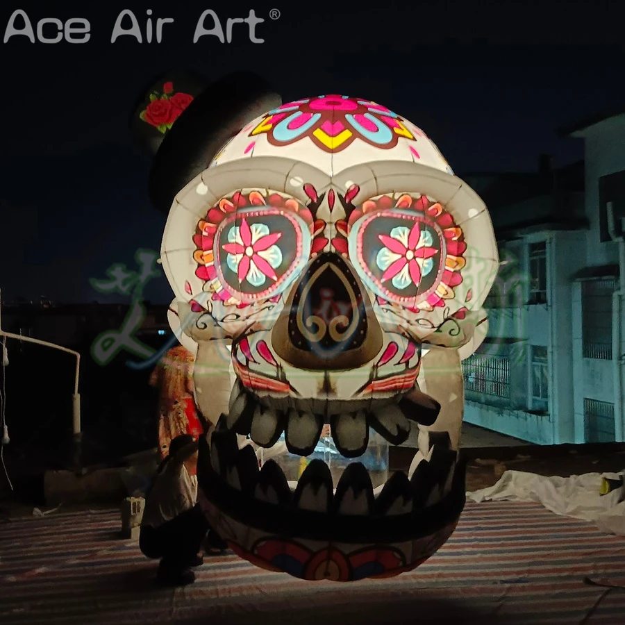 

3mH красочный узор черепа со светодиодной подсветкой надувной самостоящийся декор в виде черепа для Mexicano El Día de Muertos Хэллоуин Вечеринка