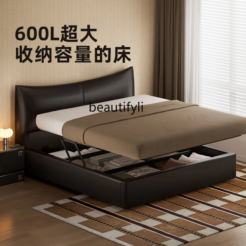 Italian Minimalist Leather Master Bedroom Soft Bag Edging Bed First Layer Cowhide Solid Wood Double Leather Bed