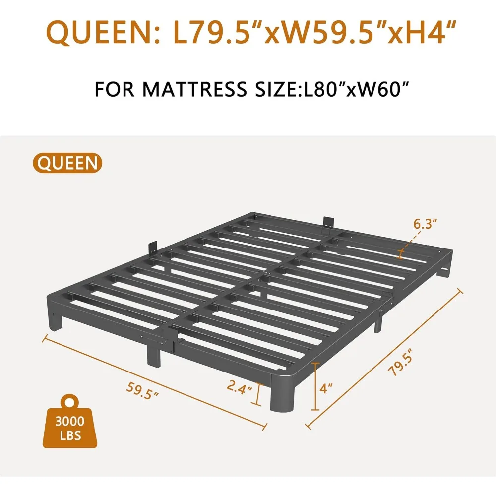 Marco de cama bajada de 4 pulgadas Queen, marco de cama Queen de perfil bajo, No necesita somier con tapones de colchón, cabecero DIY, resistente S