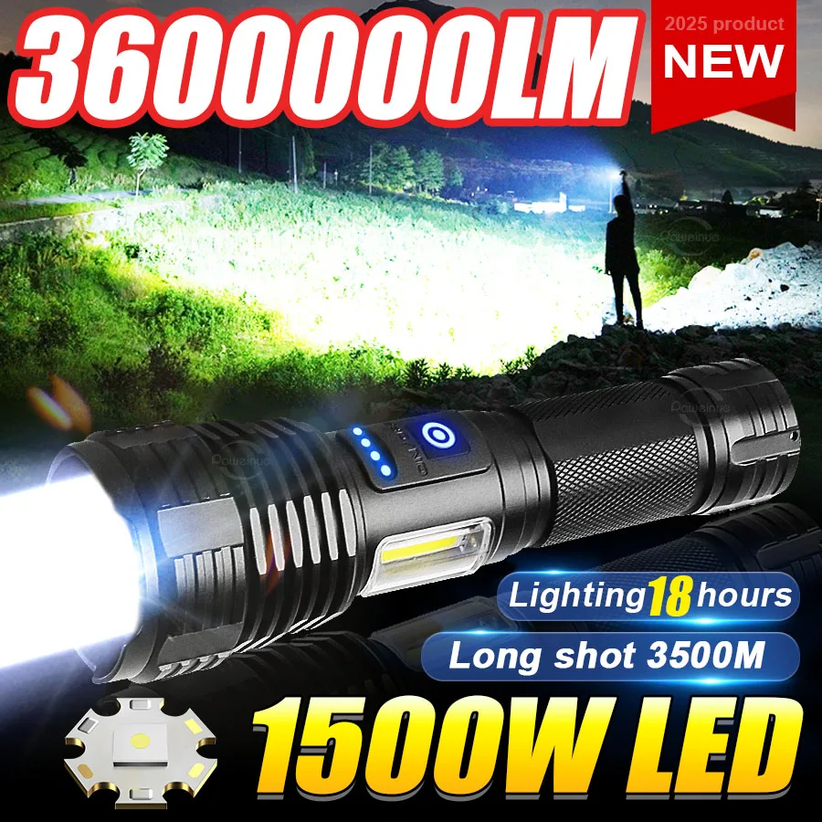 Pop 1500W LED Super Bright Flashlights USB Rechargeable Waterproof Tactical Torch With Side Lights Outdoor Fishing Adventure Lan