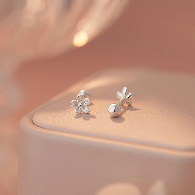Real 925 Sterling Silver Tiny Flower Minimalist Screw Bead Stud Earrings for Charm Women Party Fine Jewelry Cute Accessories view 5